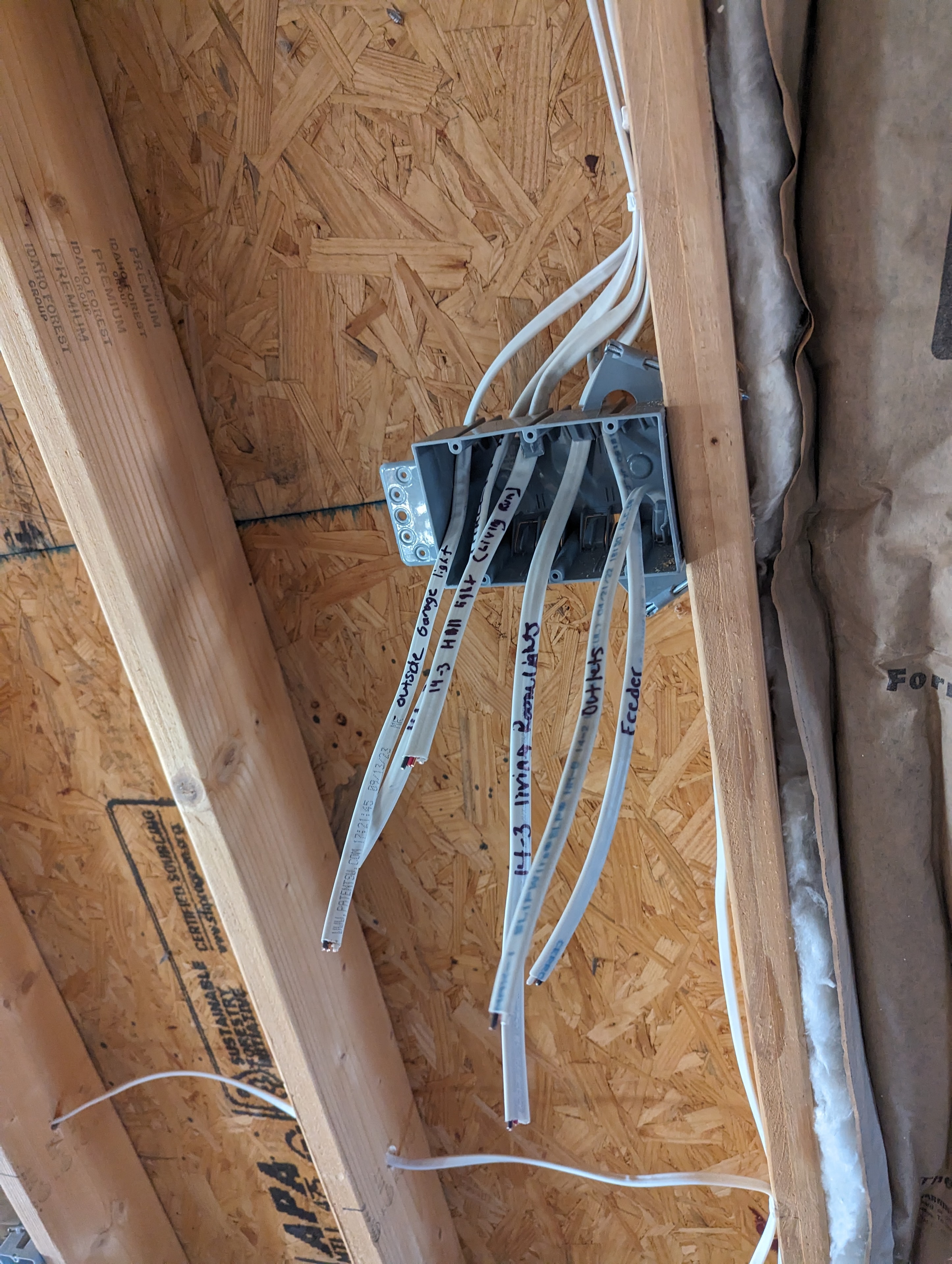 Ceiling electrical box — labeled circuits